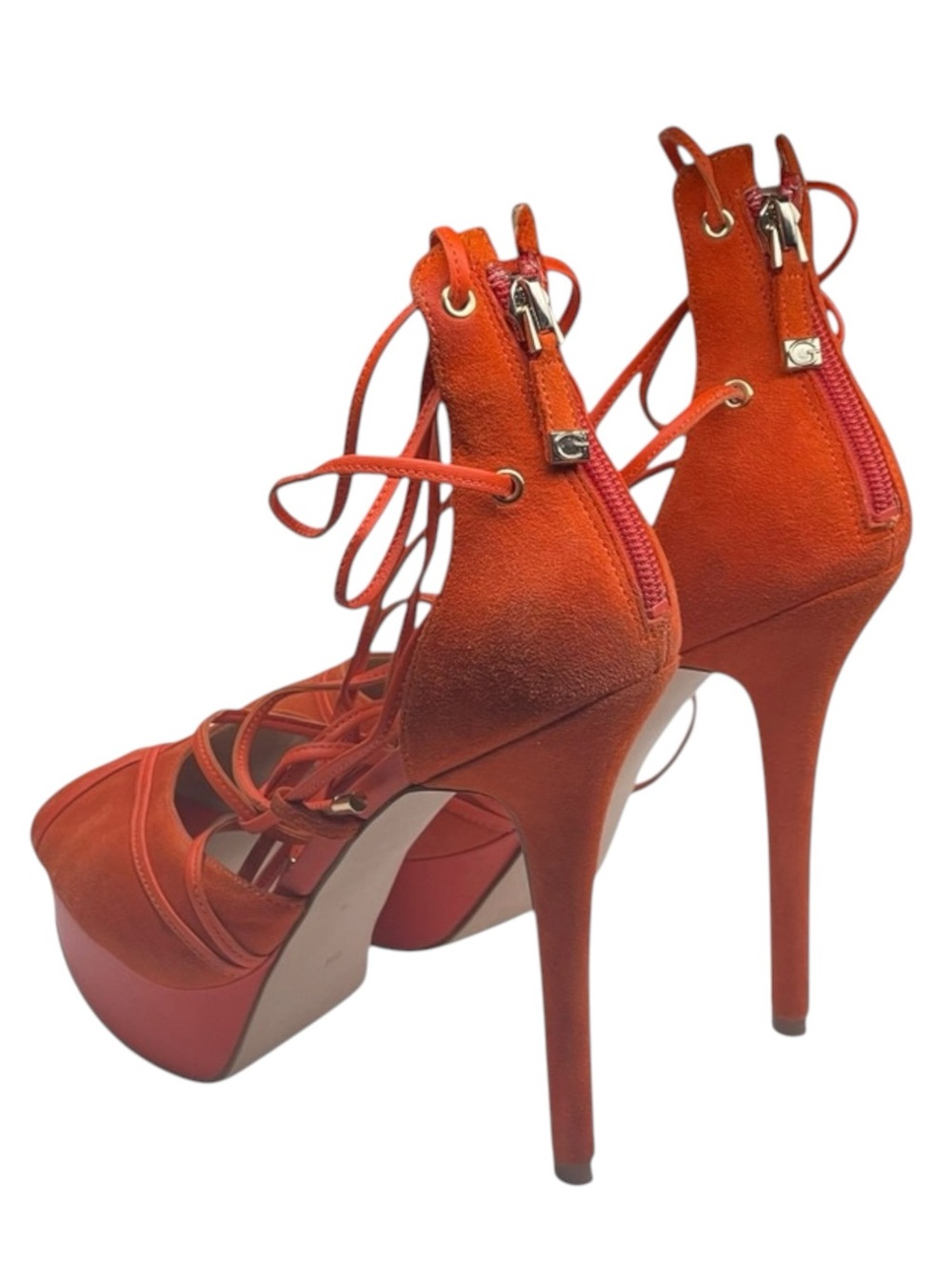 Guess ᯾ Raja Ankle Wrap Platform Stiletto Peep Toe Heels ᯾ Orange Suede ᯾ 8M - Picture 6 of 16